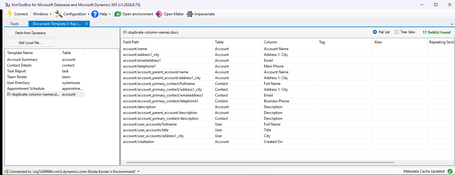 The same template in Document Template XRay. The three description controls resolve to account/description, account/account_parent_account/description and account/account_primary_contact/description.