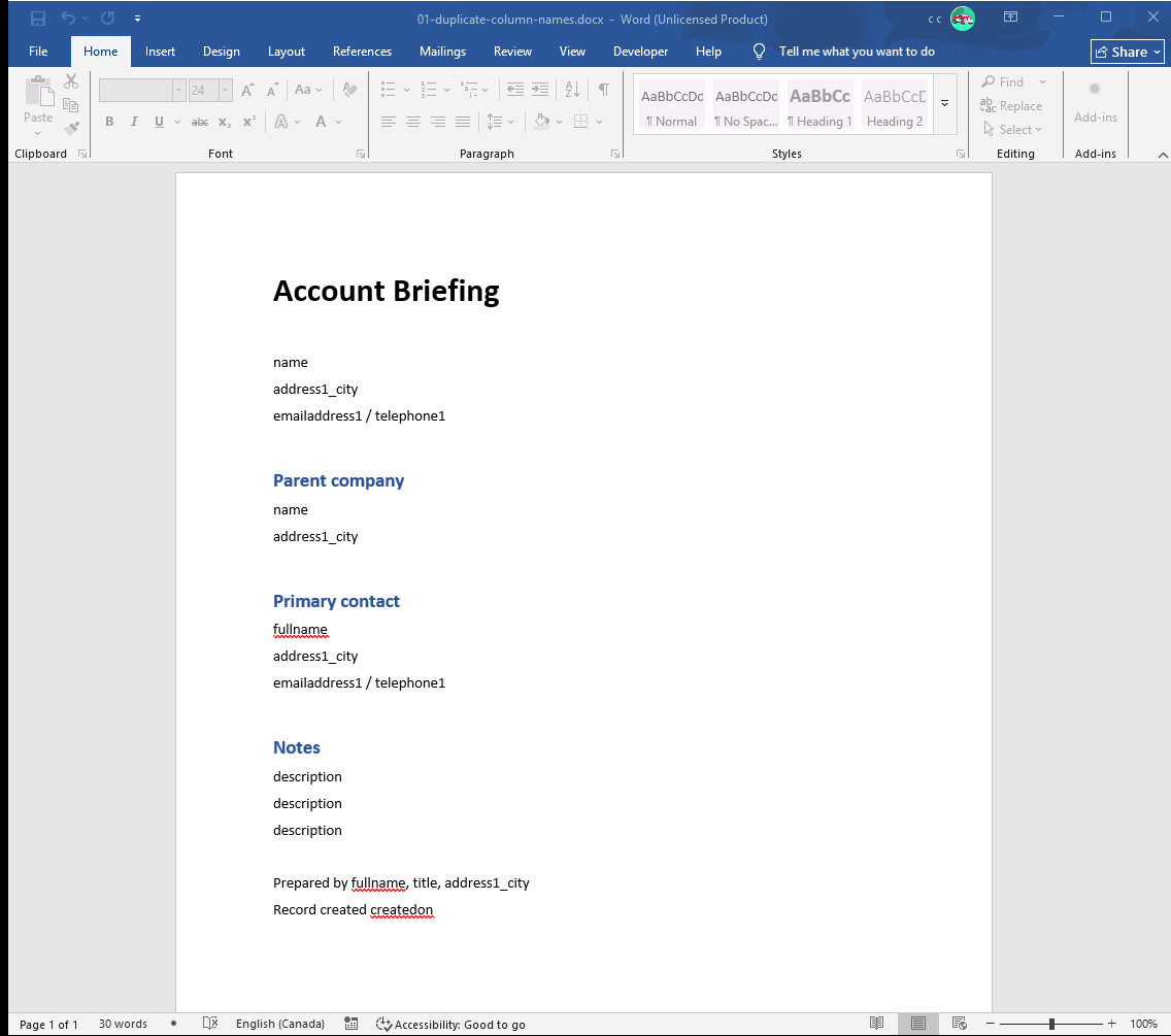 A Dynamics 365 account template open in Word. Three content controls read description, two read name, and nothing on screen says which table each one belongs to.