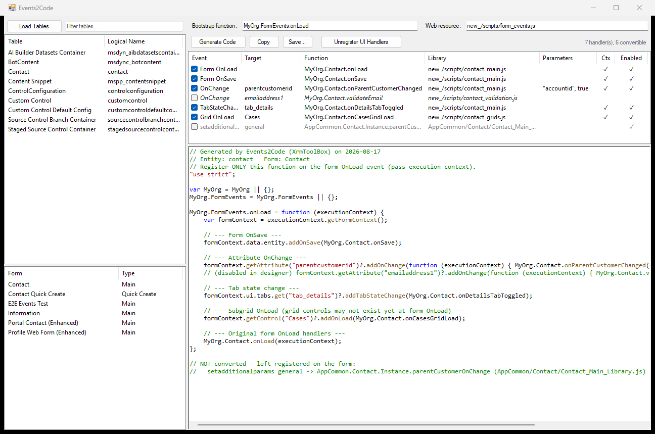 Events2Code: a table's forms on the left, the handlers the selected form registers in the middle, and the generated OnLoad bootstrap on the right.