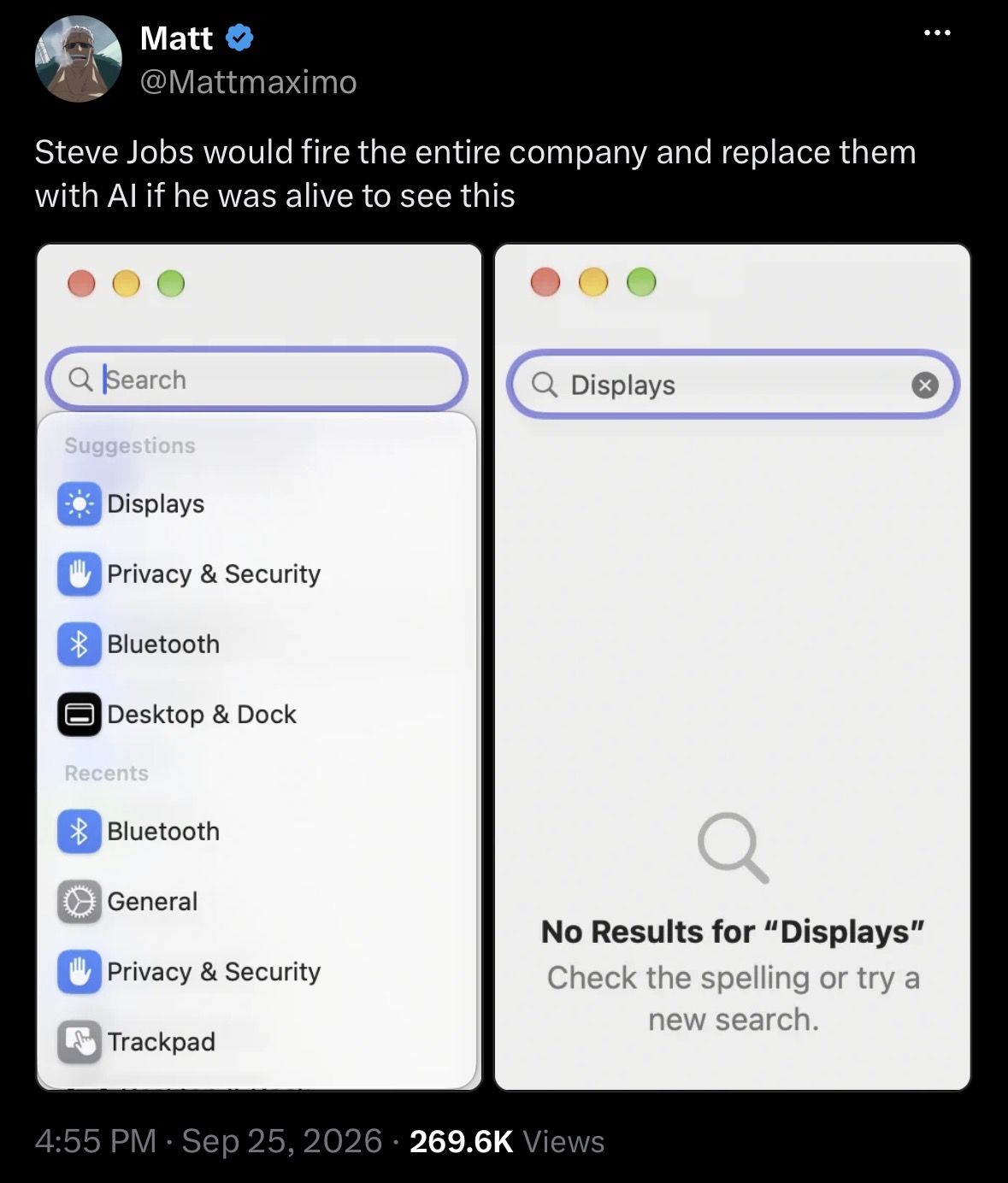macOS System Settings suggests Displays, then finds no results for Displays