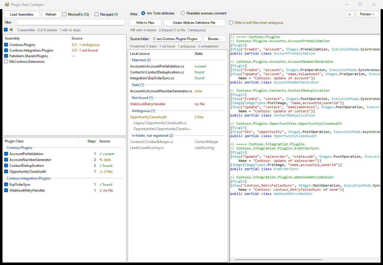 Plugin Step Codegen: the environment's assemblies and plugin classes on the left, and on the right the [Plugin], [Step] and [Image] attributes it would write above each class.